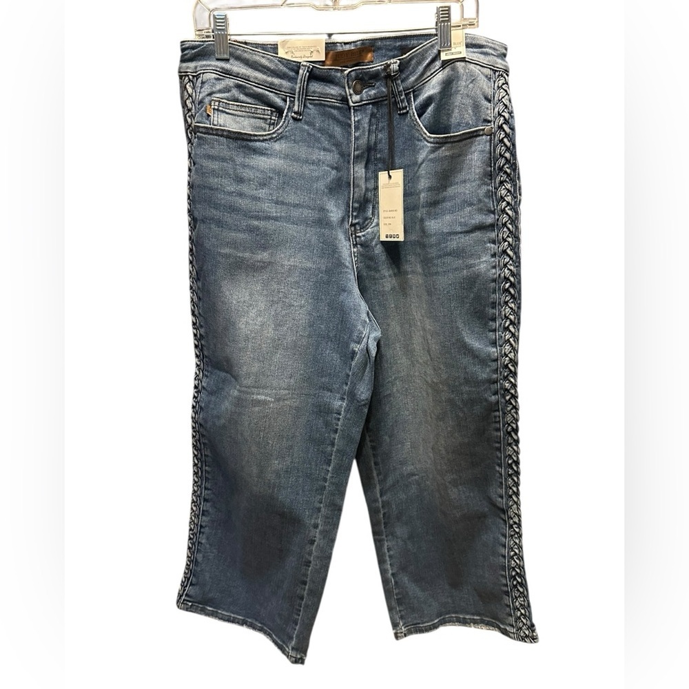 Judy Blue Braided Side Seam Wide Leg Jeans in Medium Blue